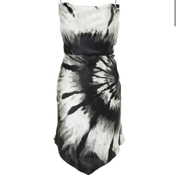 Retrofête Auris Draped Printed Silk Mini Dress Black Tye Die XL